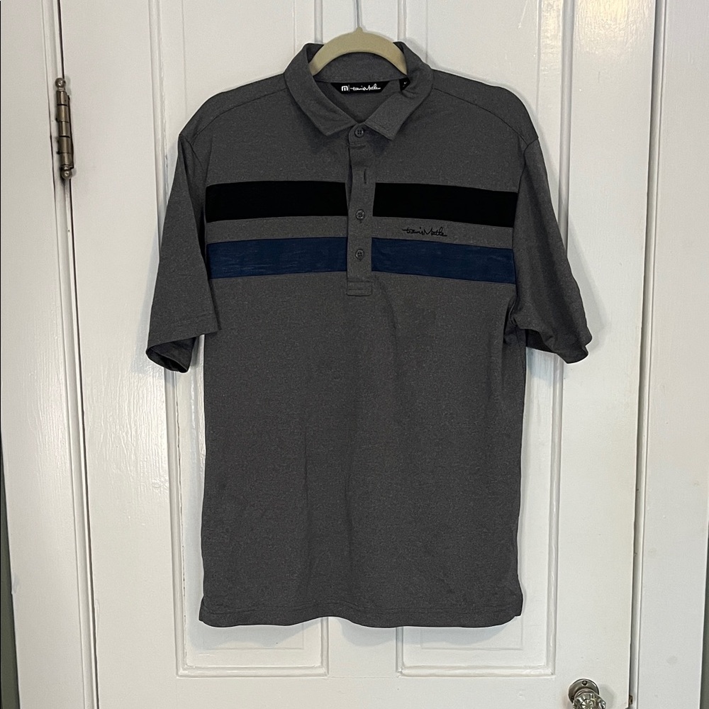 Travis Mathew Gray Polo with Black and Navy Chest Stripes